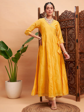 Yellow Chanderi Embroidered Wrap Anarkali Kurta-Shae by SASSAFRAS
