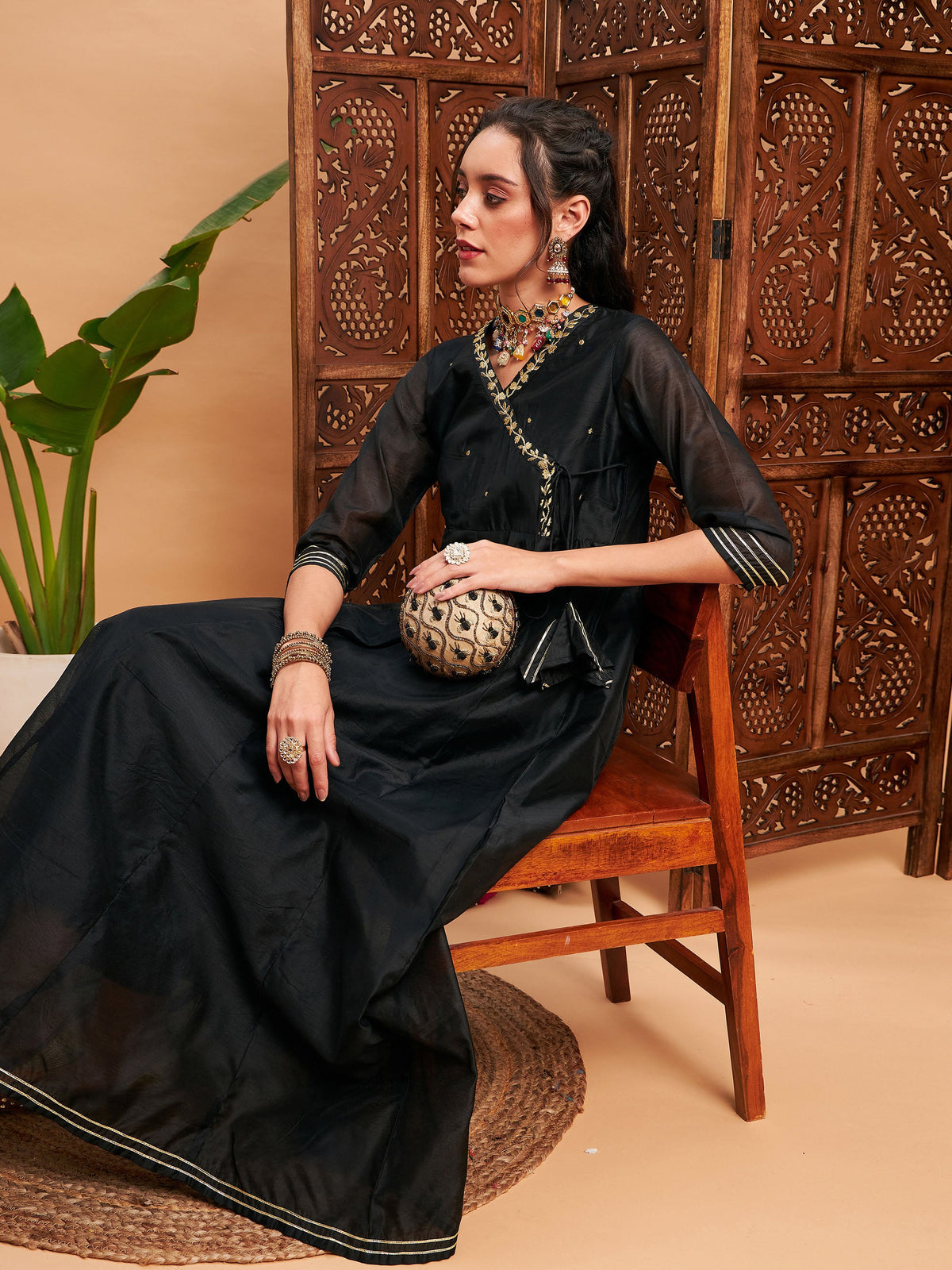 Black Chanderi Embroidered Wrap Anarkali Kurta-Shae by SASSAFRAS