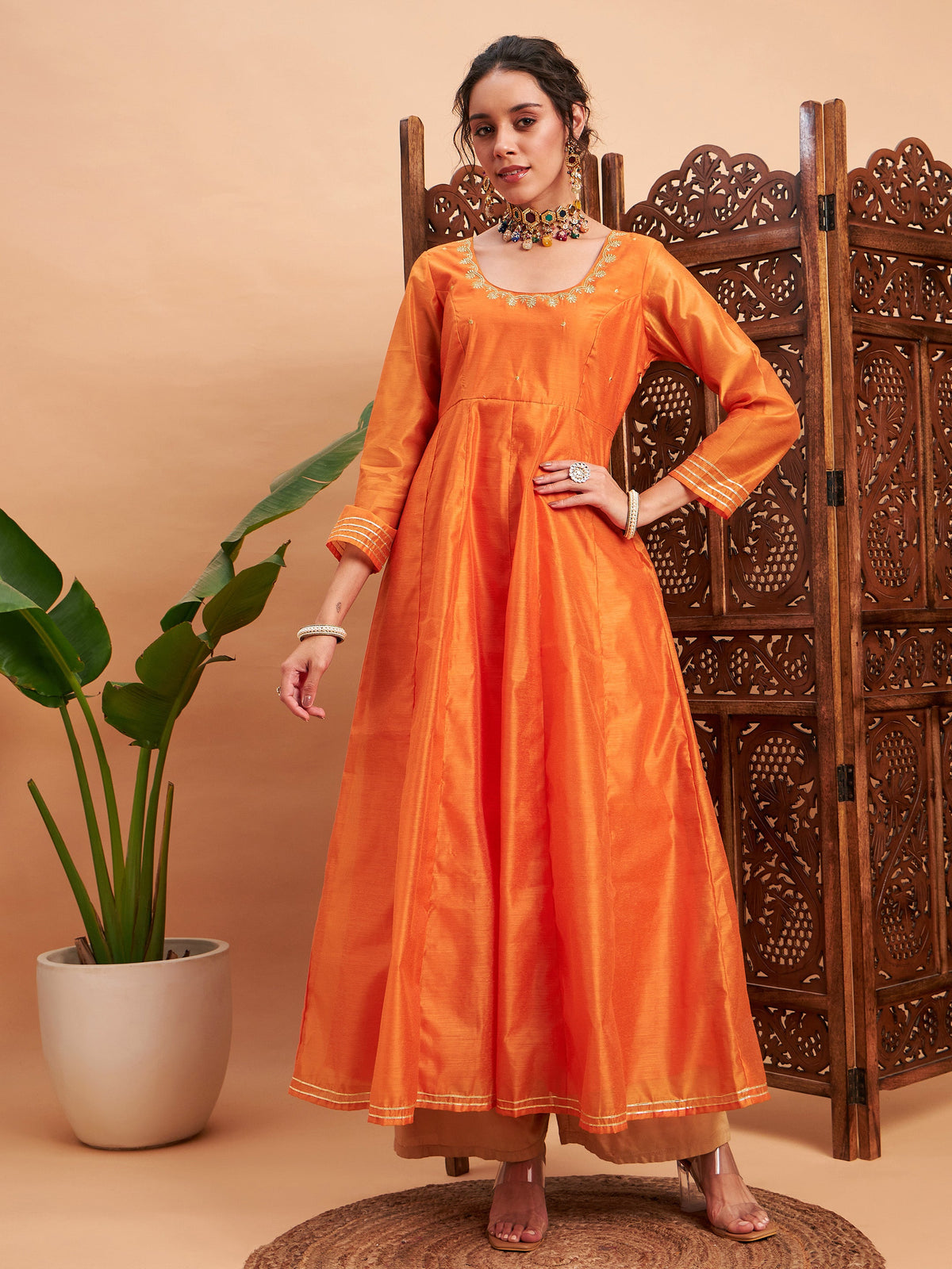 Orange Chanderi Embroidered Anarkali Maxi Kurta-Shae by SASSAFRAS