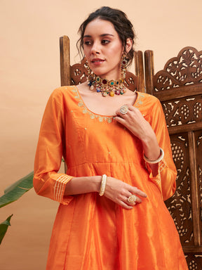 Orange Chanderi Embroidered Anarkali Maxi Kurta-Shae by SASSAFRAS