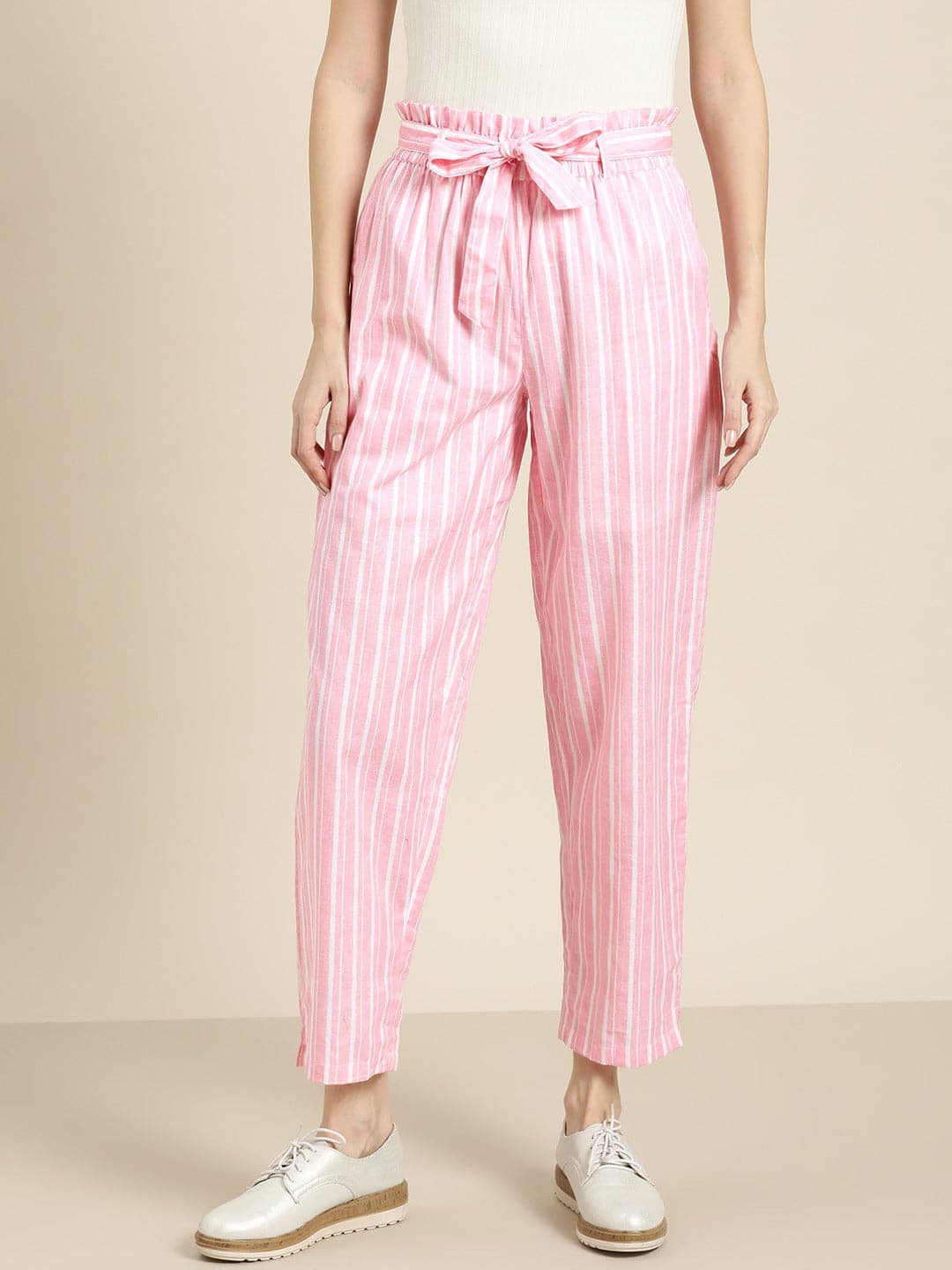 Pink Stripes Paper Bag Pants-Pants-SASSAFRAS