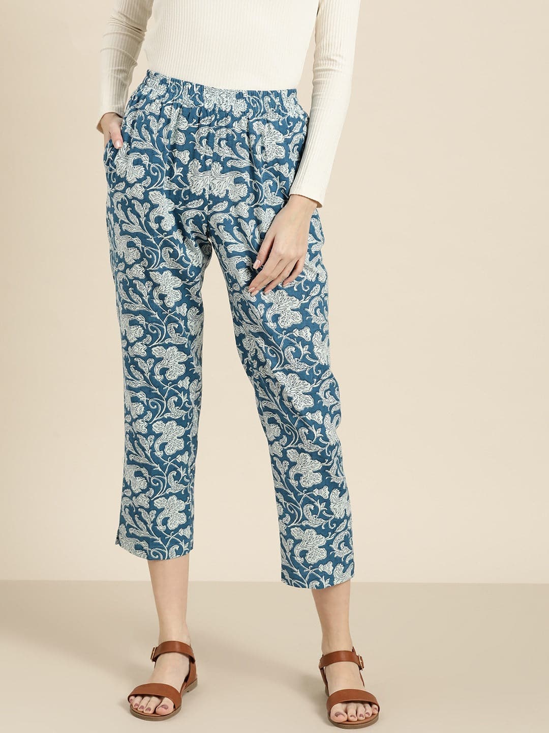 Blue Floral Straight Pants-Pants-SASSAFRAS
