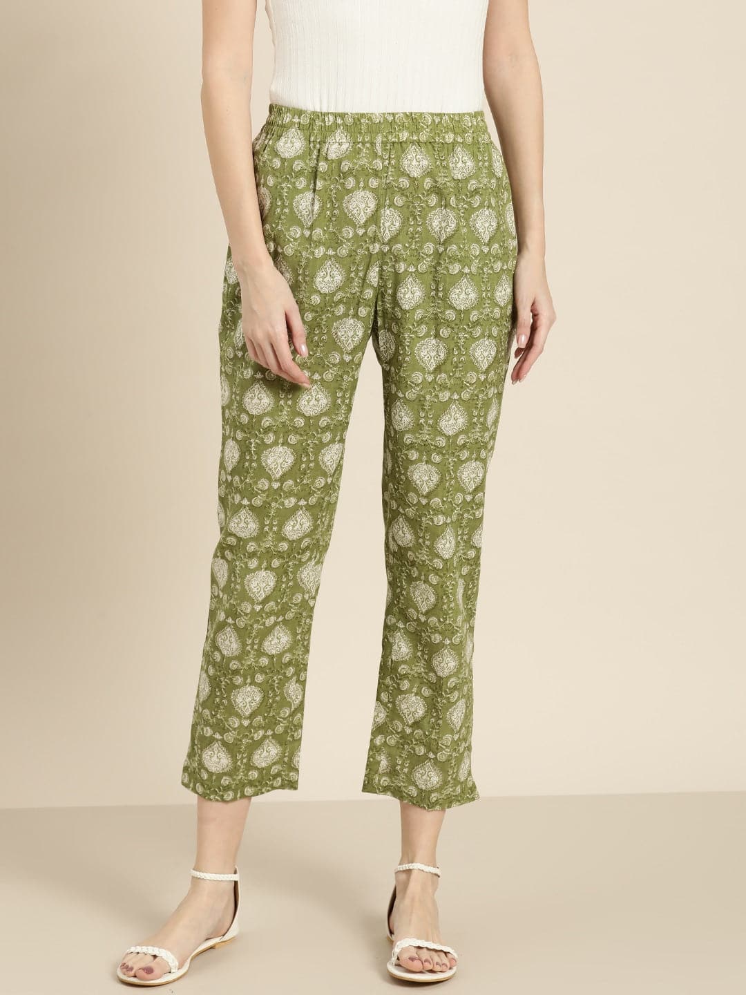 Green Floral Straight Pants-Pants-SASSAFRAS