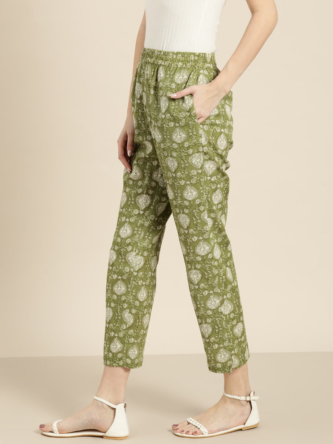 Green Floral Straight Pants
