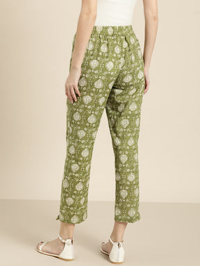 Green Floral Straight Pants