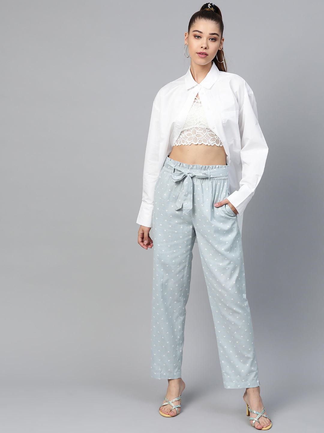 Buy Women Blue Heart Print Tapered Belted Pants Online At Best