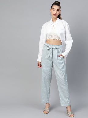 Blue Heart Print Tapered Belted Pants