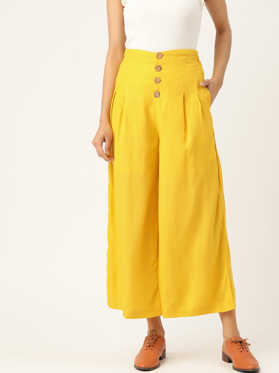 Yellow Front Button Pleated Culottes-Pants-SASSAFRAS