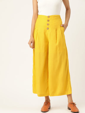 Yellow Front Button Pleated Culottes-Pants-SASSAFRAS