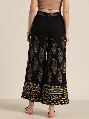 Black Paisely Foil Print Flared Palazzo