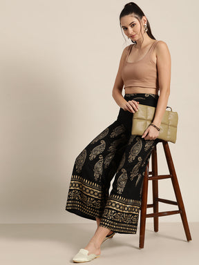 Black Paisely Foil Print Flared Palazzo