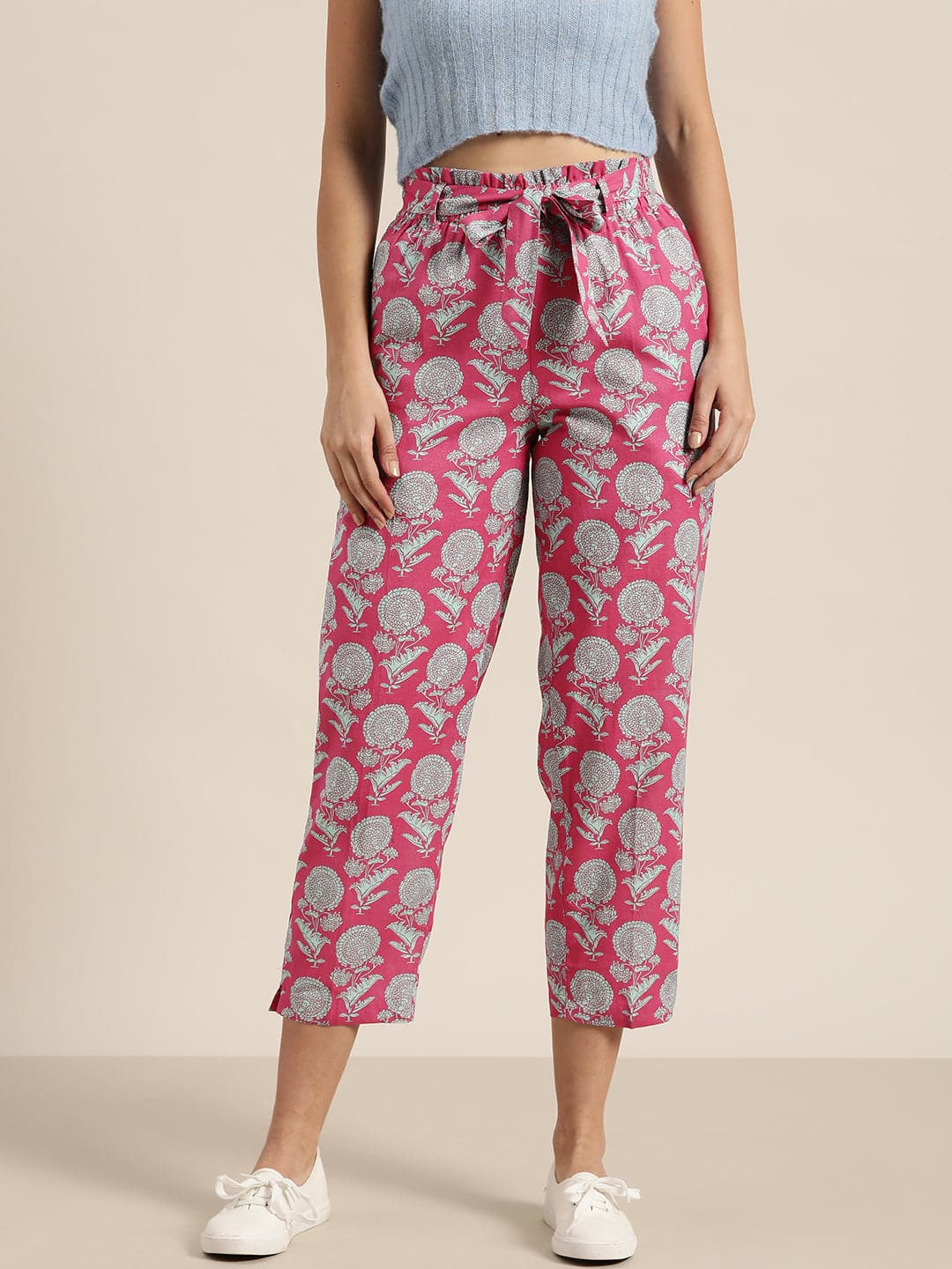 Pink Floral PaperBag Waist Pants-Pants-SASSAFRAS