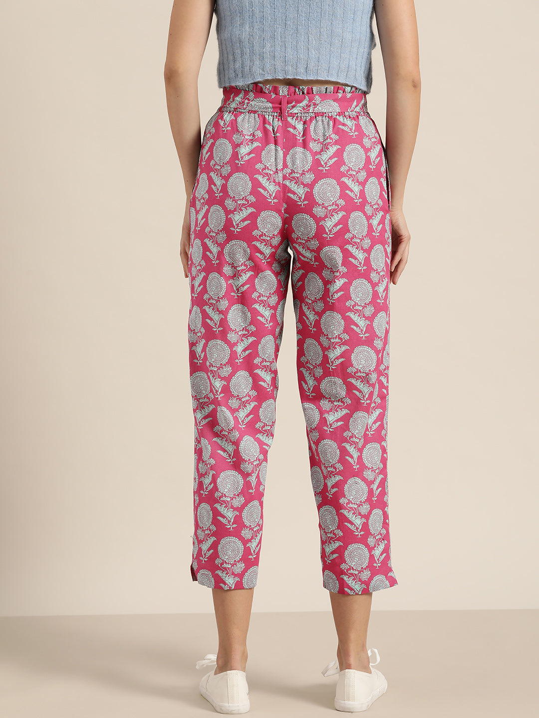 Pink Floral PaperBag Waist Pants
