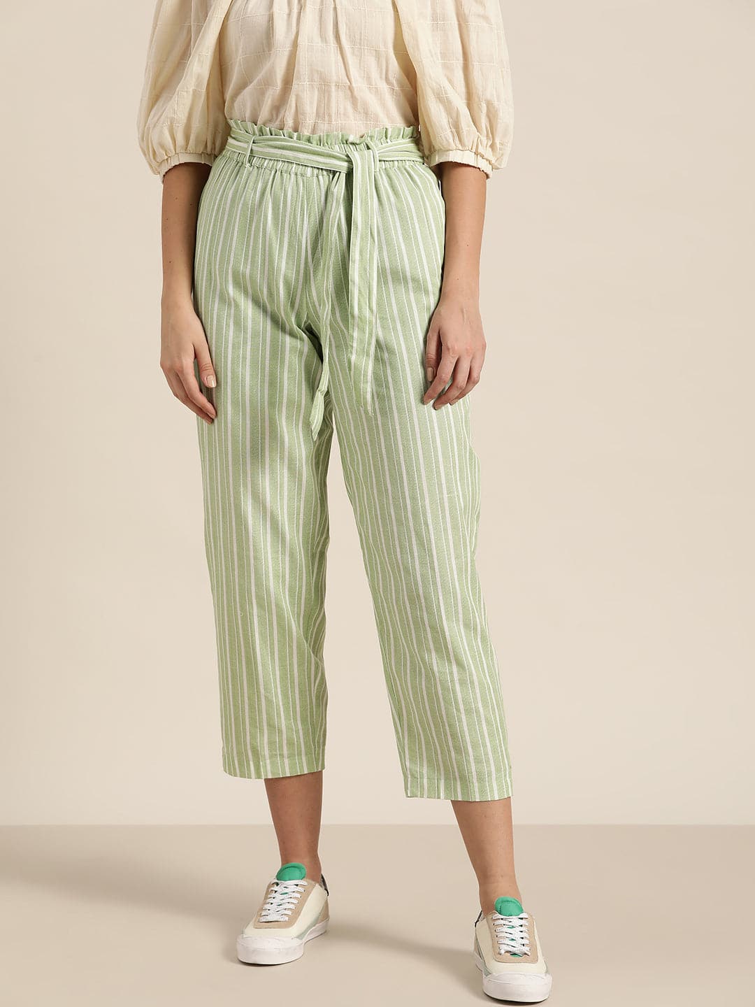 Green Stripes PaperBag Waist Pants-Pants-SASSAFRAS