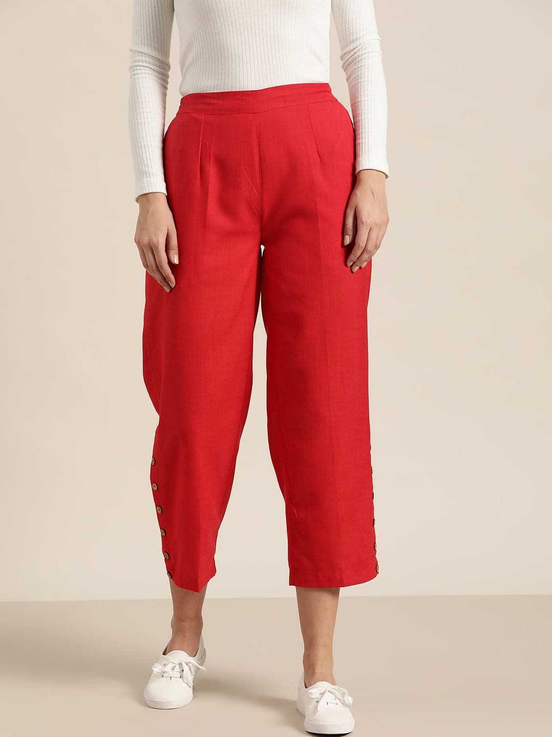 Red Side Button Placket Pants-Pants-SASSAFRAS