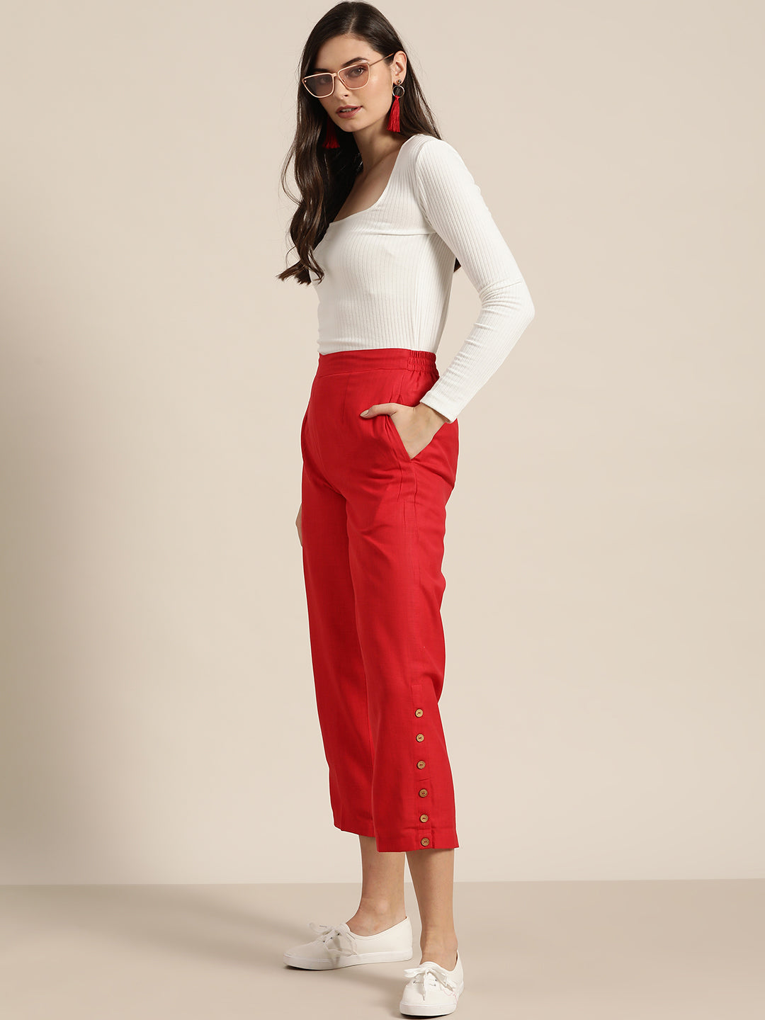 Red Side Button Placket Pants