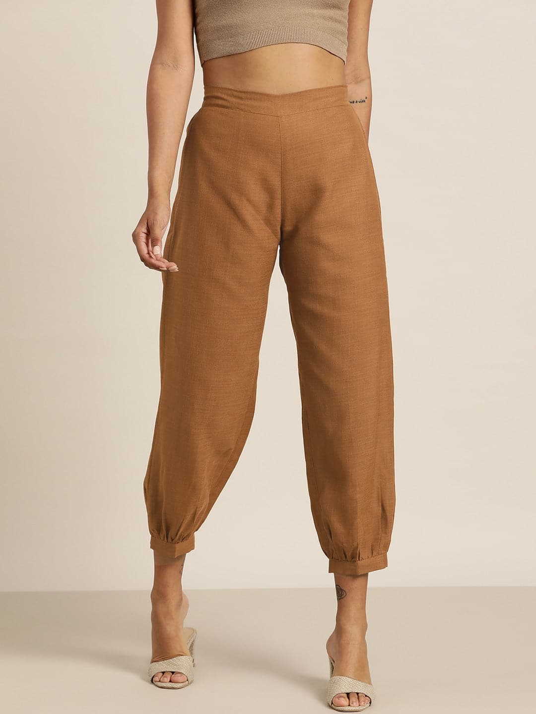 Brown Cuffed Hem Pants-Pants-SASSAFRAS