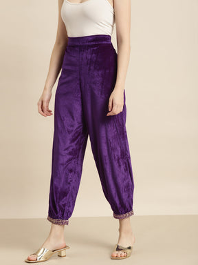 Purple Embroidered Cuff Hem Velvet Pants