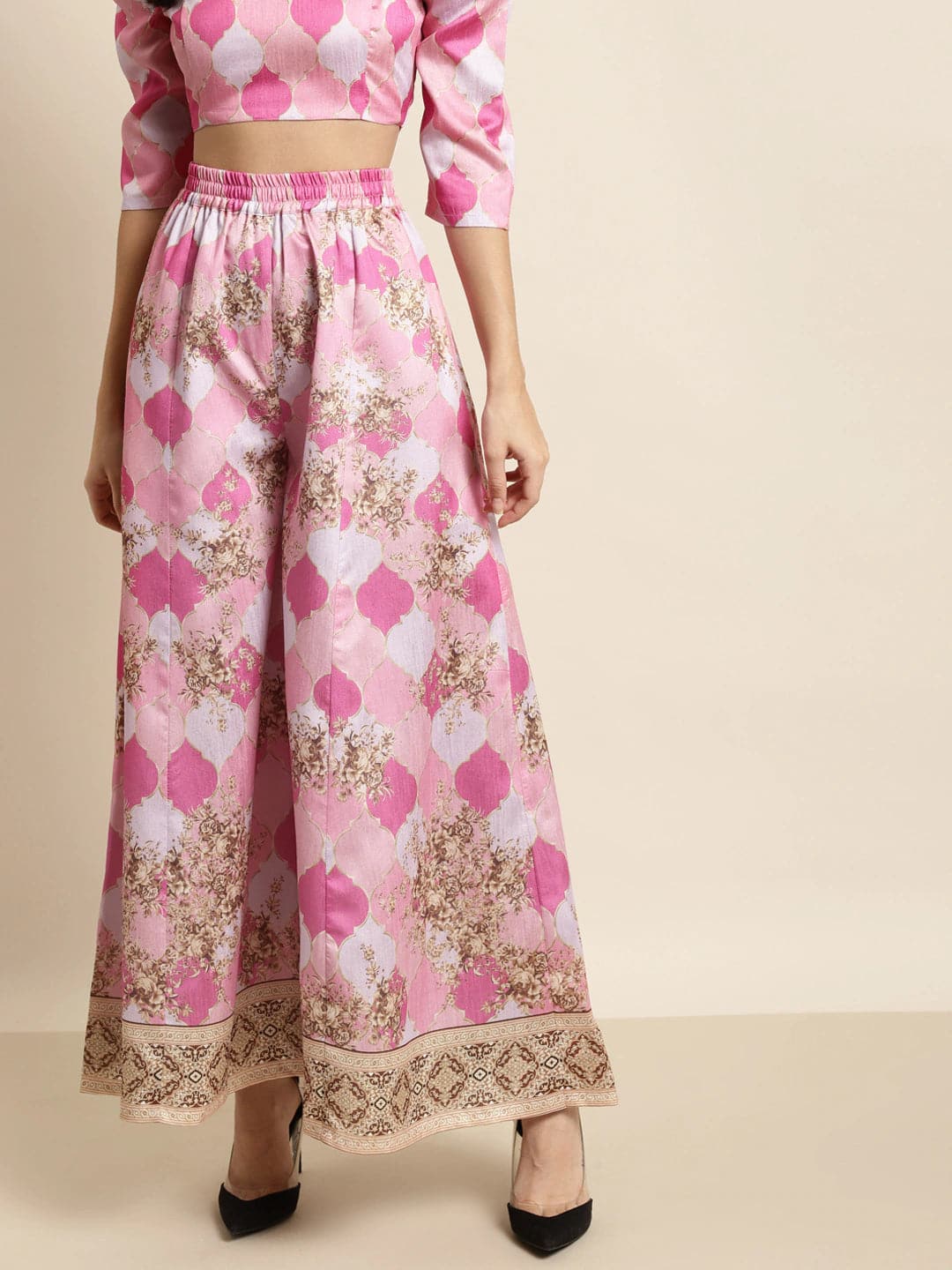 Pink Mughal Floral Kali Palazzo Pants-Pants-SASSAFRAS