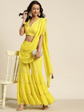 Women Lime Green Tiered Palazzo With Attached Pallu