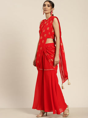 Women Red Sharara Pants With Attached Pallu