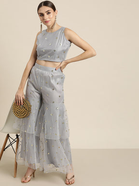 Women Steel Grey Tulle Frilly Sharara Pants