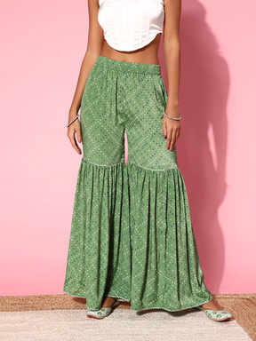 Women Green Tie & Dye Frilly Sharara-Pants-SASSAFRAS