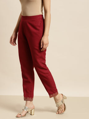 Women Maroon Embroidered Pencil Pants