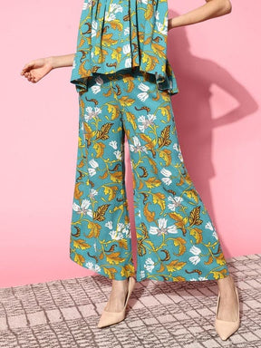 Turquoise Floral Ankle Palazzo Pants-Shae by SASSAFRAS