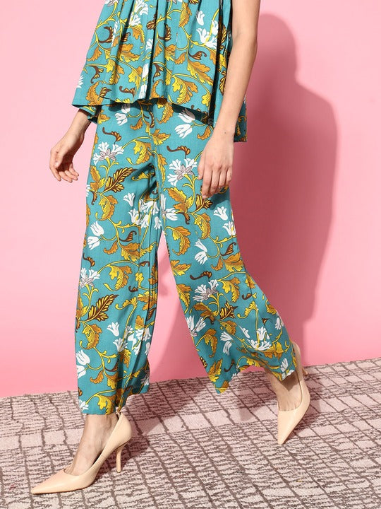Women Turquoise Floral Ankle Palazzo Pants