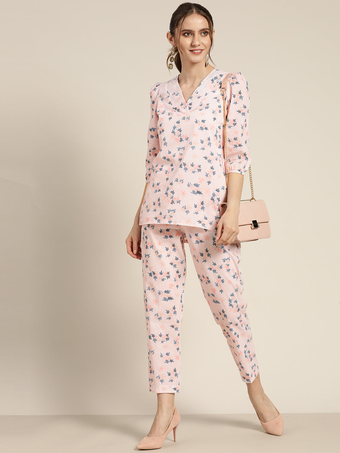 Women Powder Pink Floral Sustainable Straight Pants