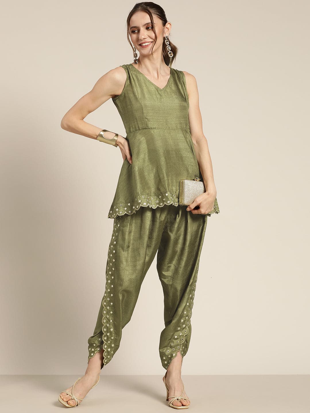 Olive Mirror Embroidered Dhoti Pants Shae by SASSAFRAS