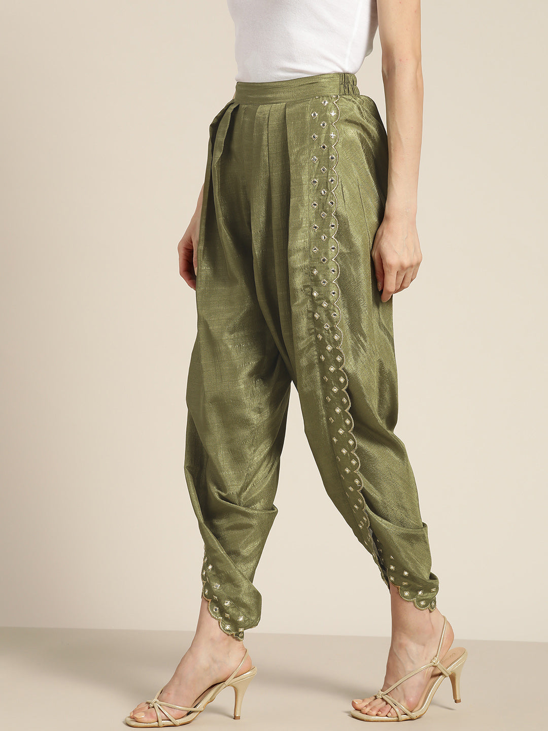 Women Olive Mirror Embroidered Dhoti Pants