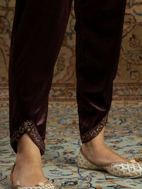 Women Brown Velvet Zari Embroidered Tulip Pants