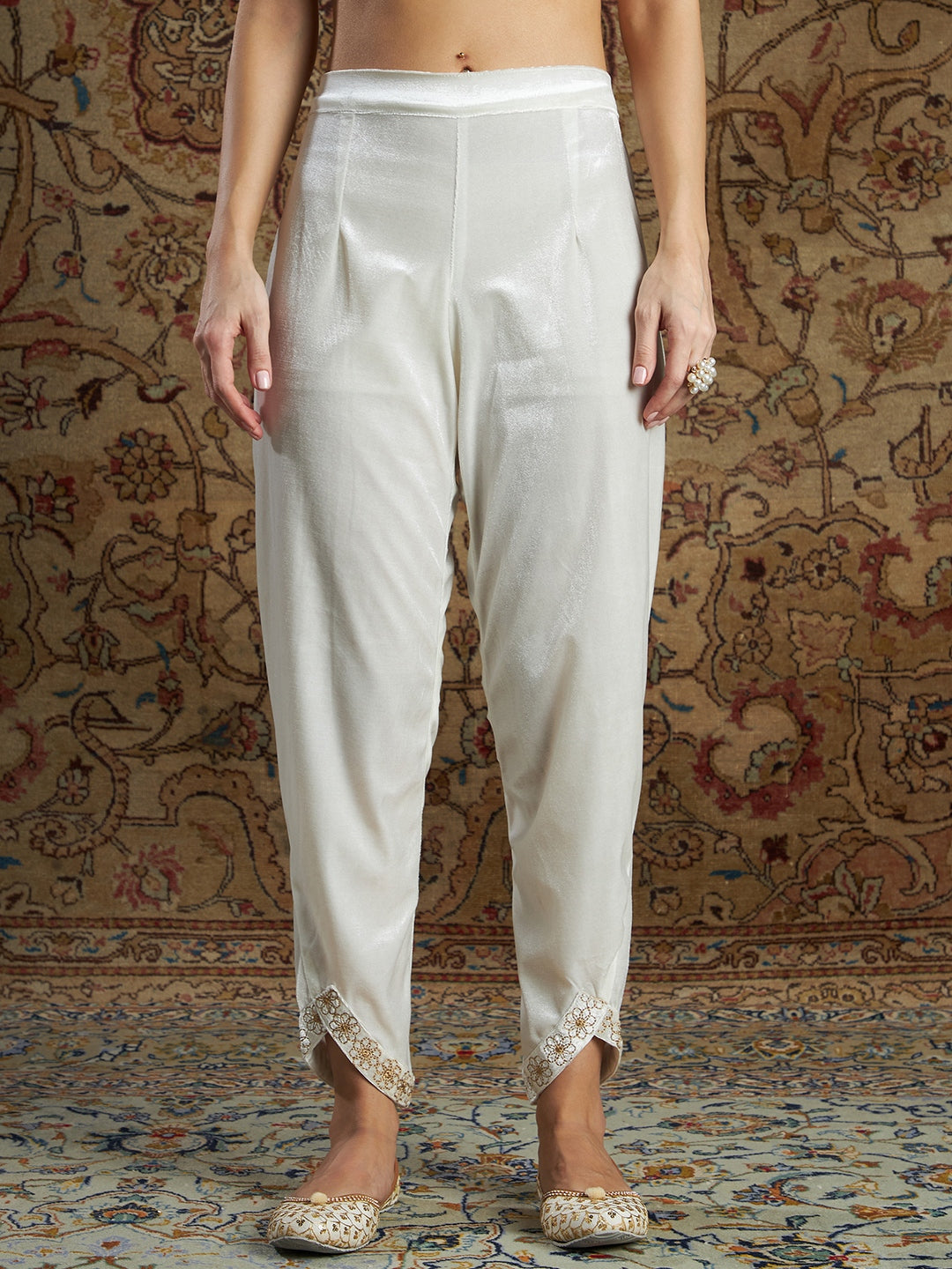 Women White Velvet Zari Embroidered Tulip Pants