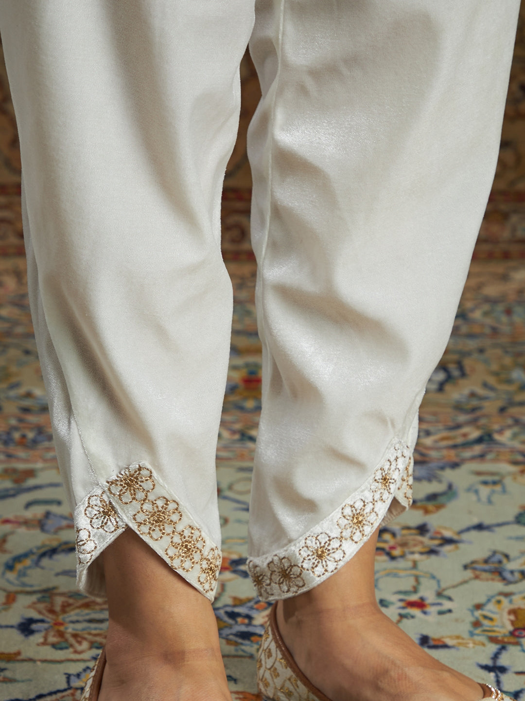 Women White Velvet Zari Embroidered Tulip Pants