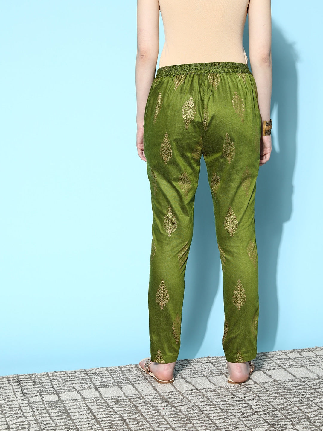 Green Cotton Silk Floral Foil Pencil Pants-Shae by SASSAFRAS