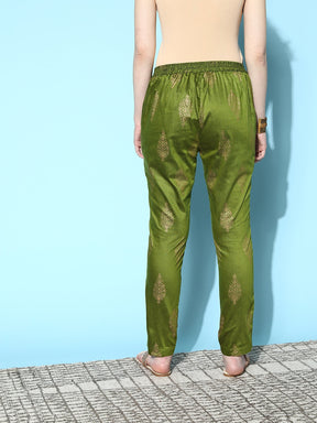 Green Cotton Silk Floral Foil Pencil Pants-Shae by SASSAFRAS