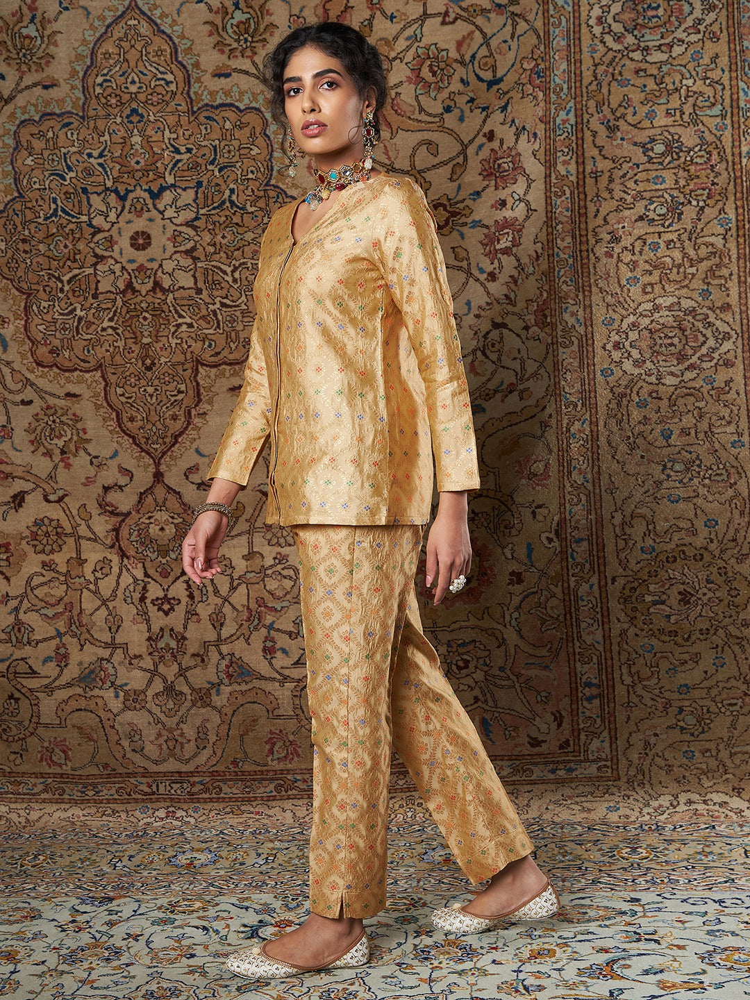 Golden Indian Motif Brocade Pants-Shae by SASSAFRAS