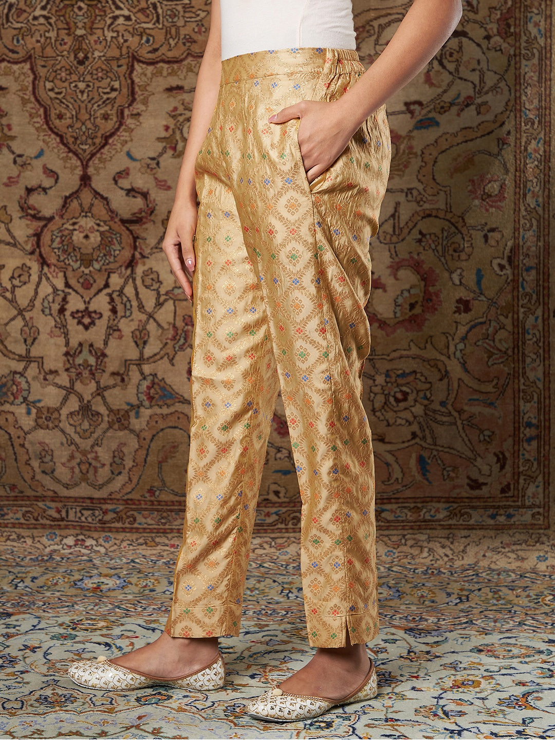 Women Golden Indian Motif Brocade Pants