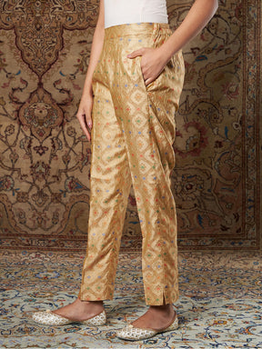 Women Golden Indian Motif Brocade Pants