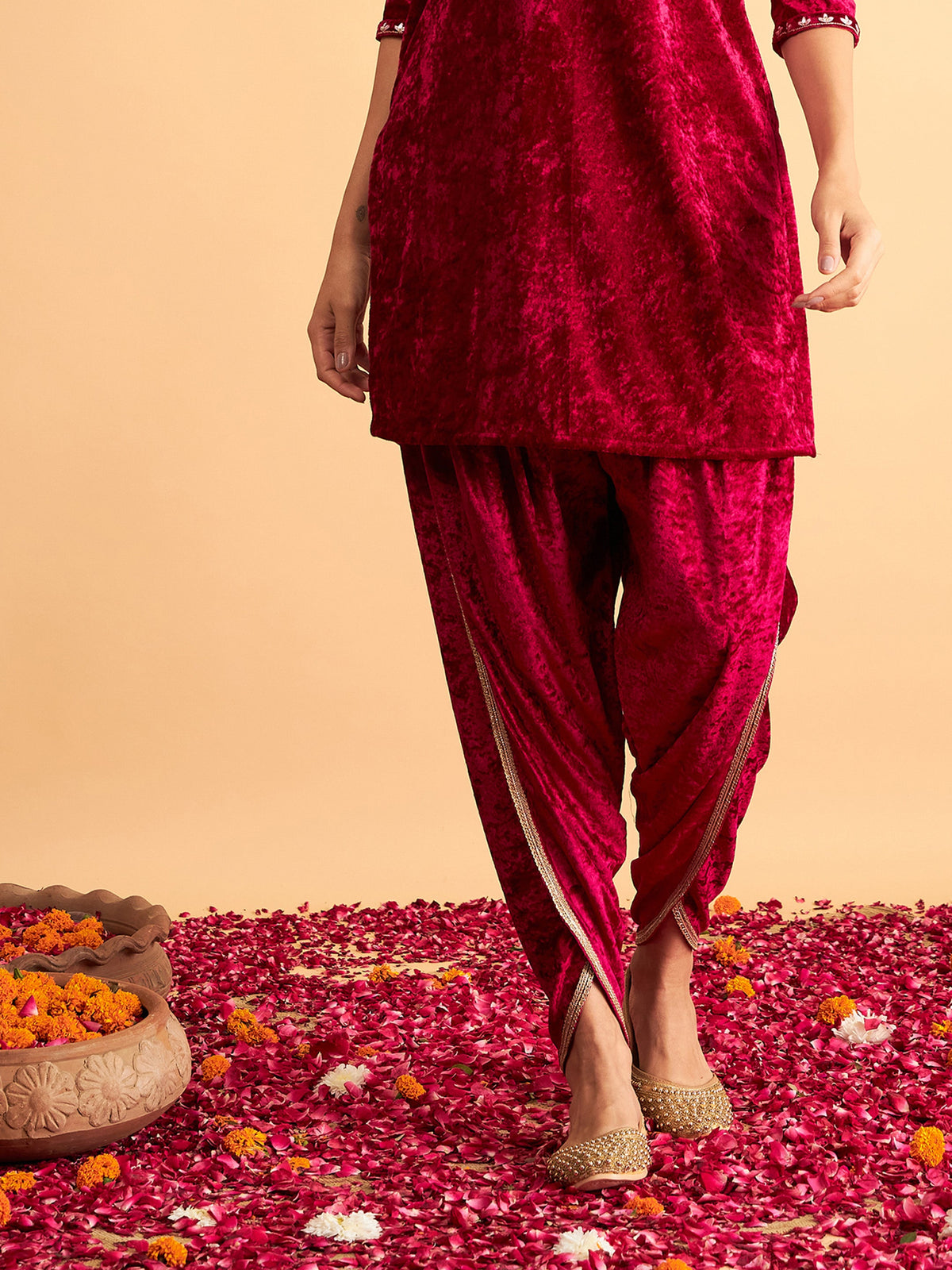 Fuchsia Velvet Dhoti Pants-Shae by SASSAFRAS