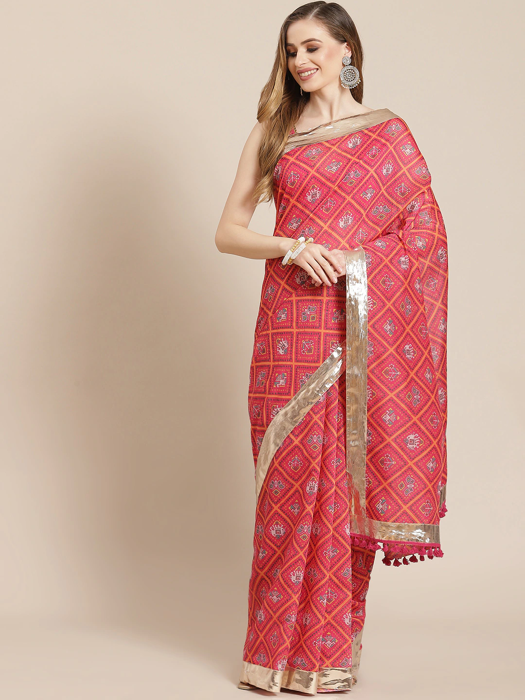 Women Pink Patola Saree With Pink Unstitched Blouse