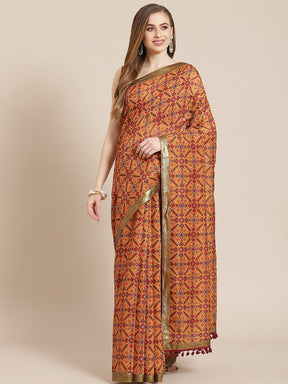Women Mustard Patola Saree With Maroon Unstitched Blouse