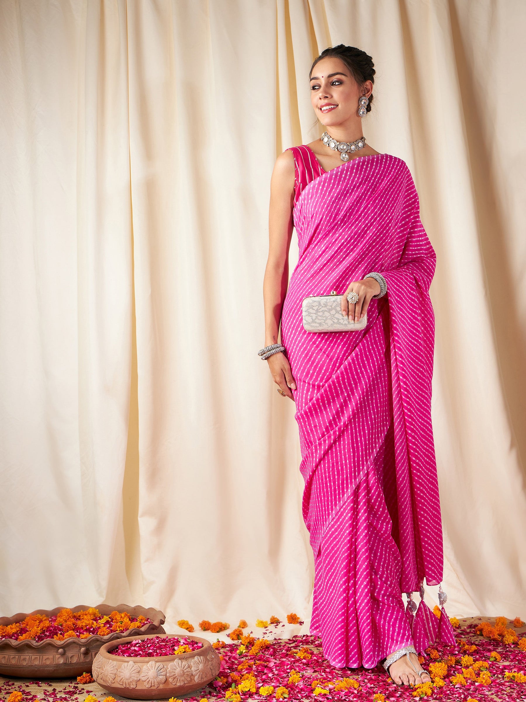 Pink Lehariya Saree With Unstitched Gota Blouse-Shae by SASSAFRAS