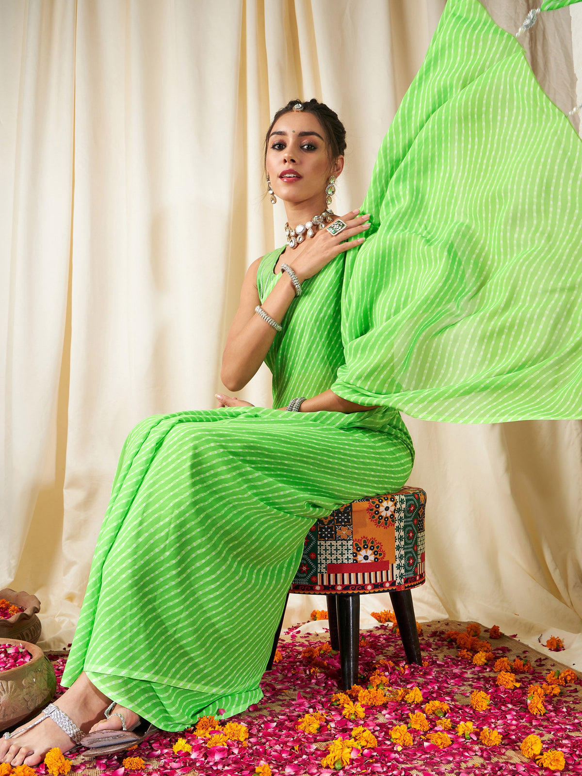 Green Lehariya Saree With Unstitched Gota Blouse-Shae by SASSAFRAS