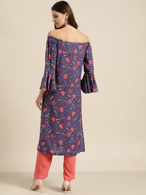 Purple Floral Off Shoulder Kurta with Red Pants