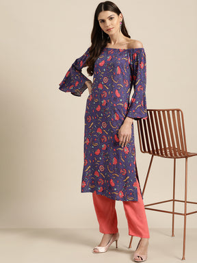 Purple Floral Off Shoulder Kurta with Red Pants