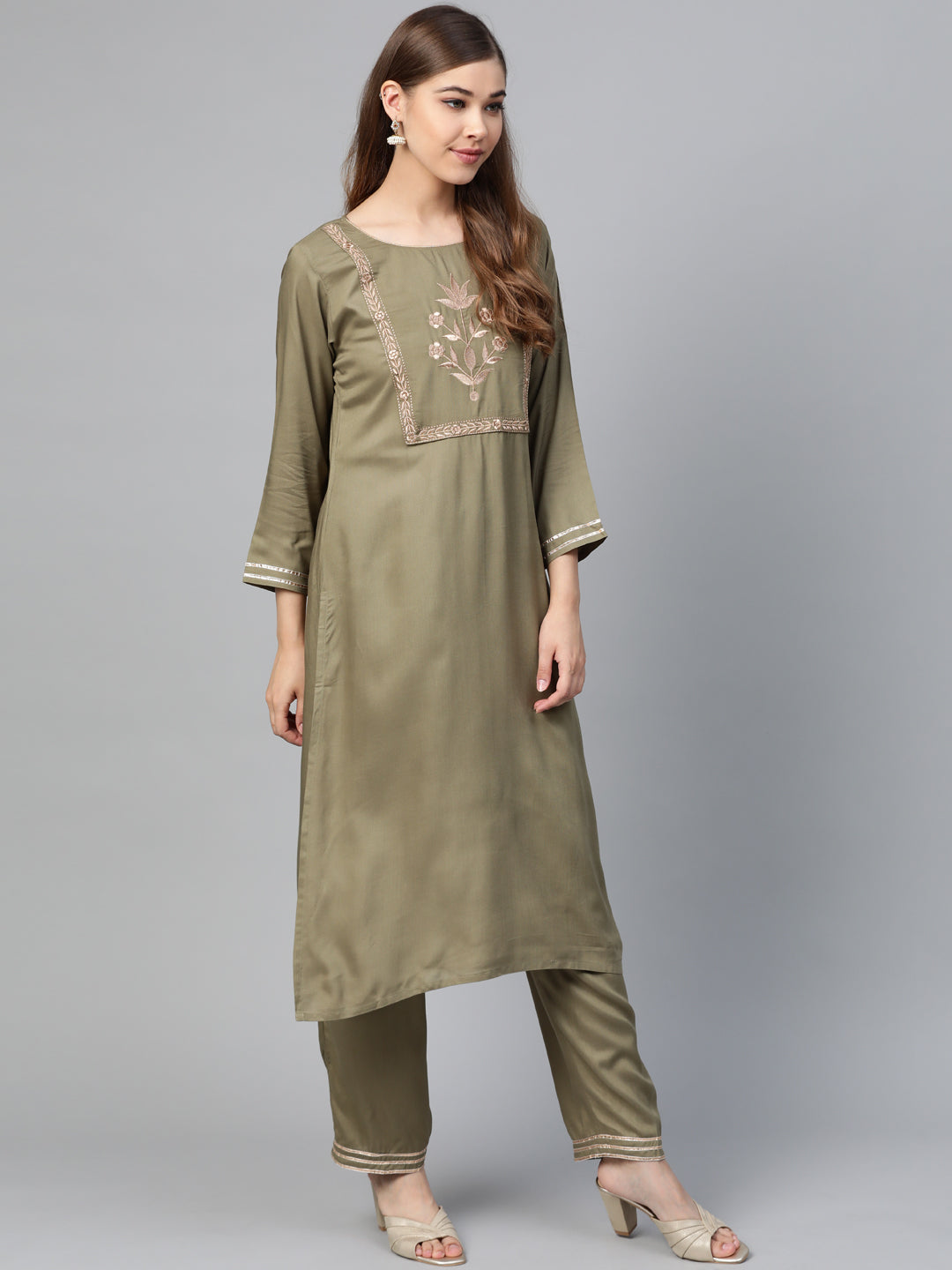 Olive Motif Zari Embroidery Kurta With Olive Pants-Kurta Sets-SASSAFRAS