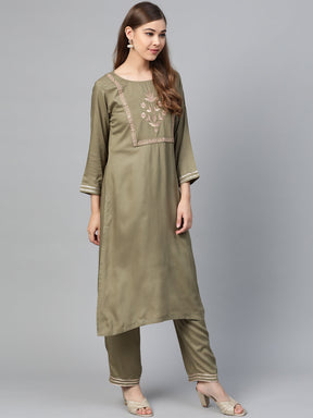 Olive Motif Zari Embroidery Kurta With Olive Pants-Kurta Sets-SASSAFRAS